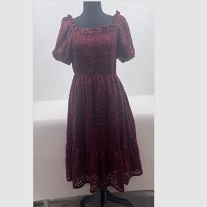 LC Lauren Conrad Dress Women Large Red Lace Midi Peasant Cottagecore Prairie